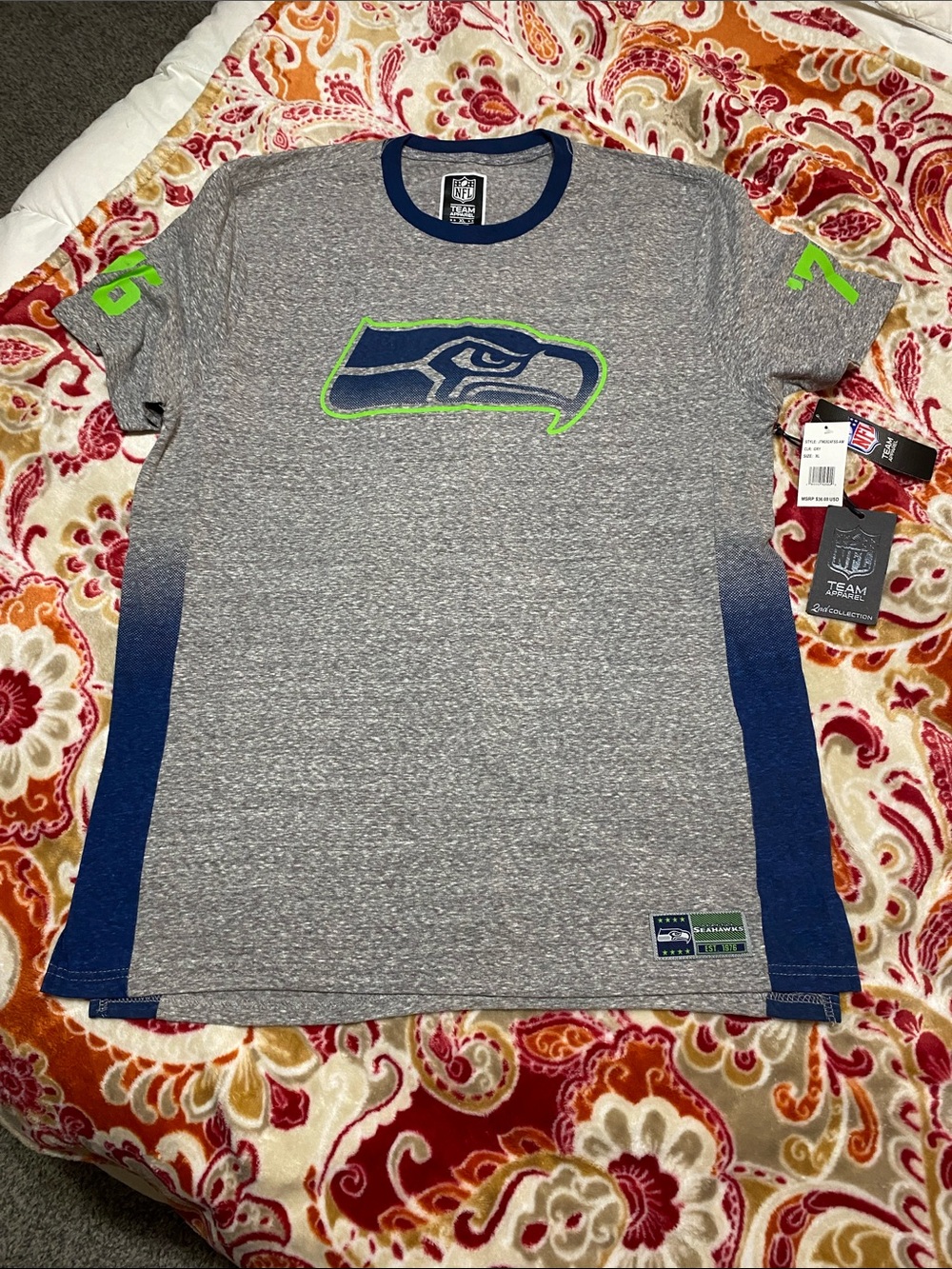 NFL Seattle Seahawks Gray, Navy & Neon Green Short Sleeve Tee